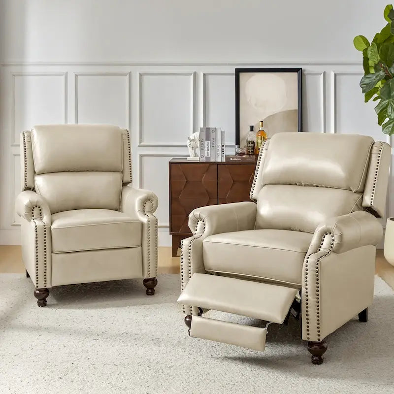 Sillón reclinable de cuero genuino de estilo moderno de mediados de siglo con tachuelas decorativas, juego de 2
