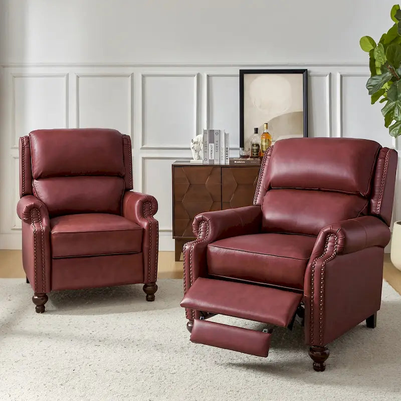 Sillón reclinable de cuero genuino de estilo moderno de mediados de siglo con tachuelas decorativas, juego de 2