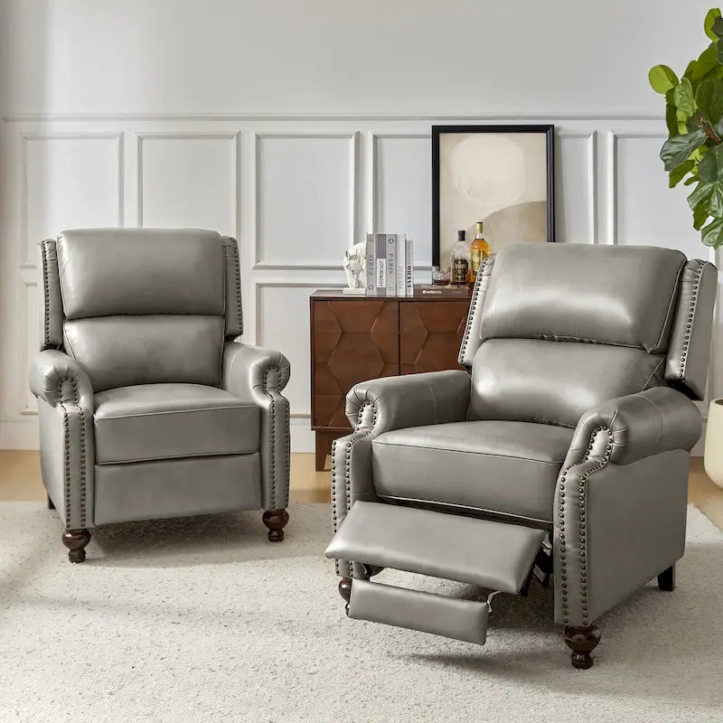 Sillón reclinable de cuero genuino de estilo moderno de mediados de siglo con tachuelas decorativas, juego de 2