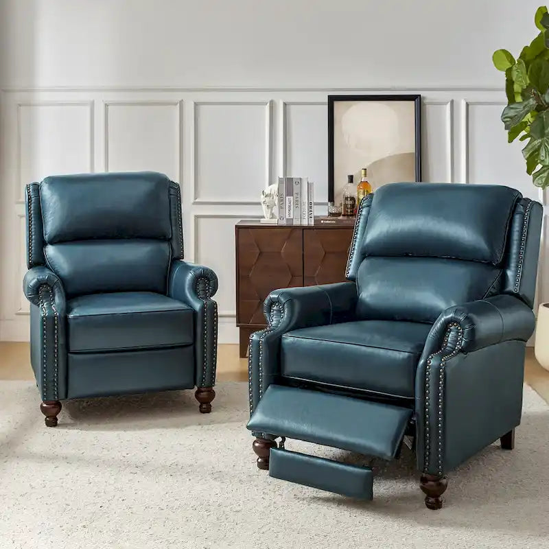 Sillón reclinable de cuero genuino de estilo moderno de mediados de siglo con tachuelas decorativas, juego de 2