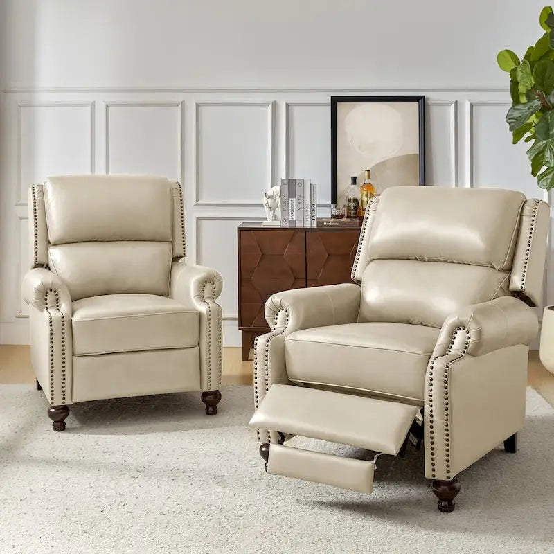 Fauteuil inclinable moderne du milieu du siècle en cuir véritable, garniture à clous, lot de 2