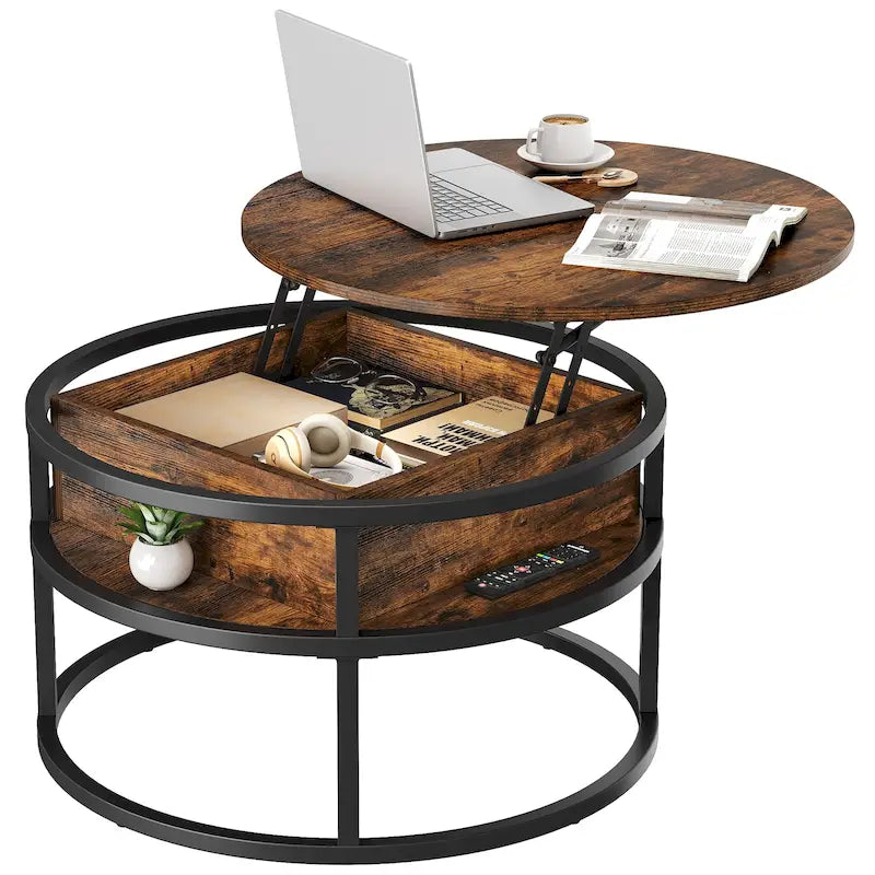Table basse ronde relevable avec rangement dissimulé