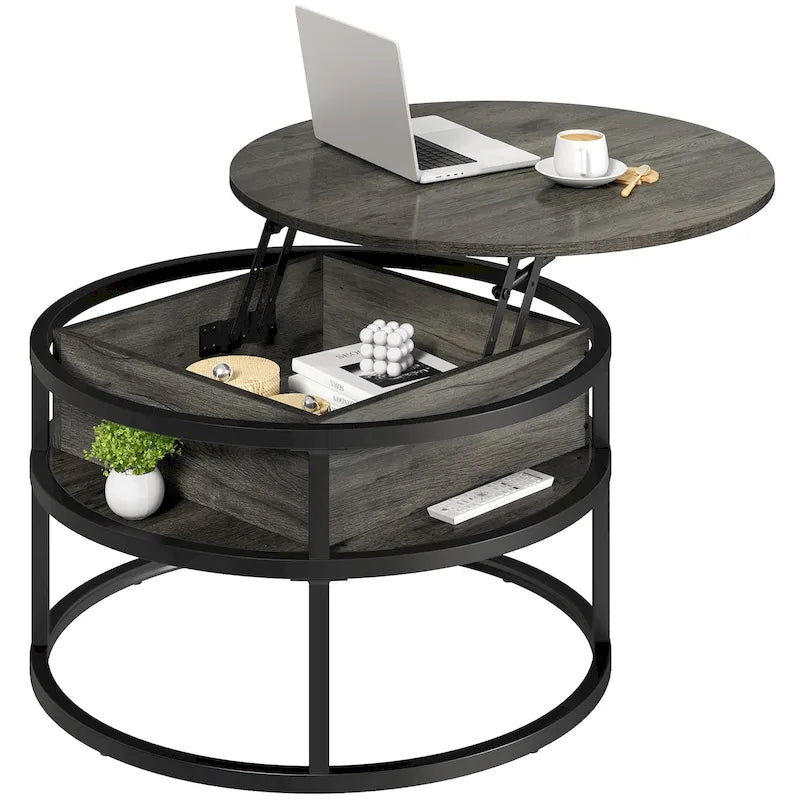 Table basse ronde relevable avec rangement dissimulé