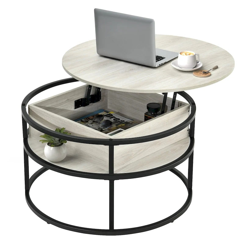 Table basse ronde relevable avec rangement dissimulé