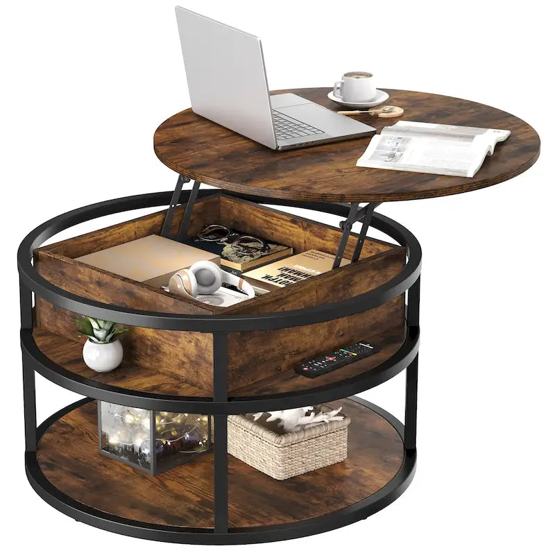 Table basse ronde relevable avec rangement dissimulé