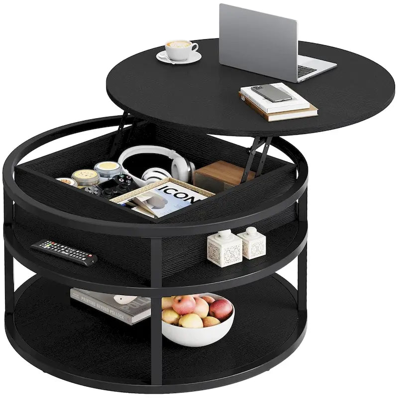 Table basse ronde relevable avec rangement dissimulé