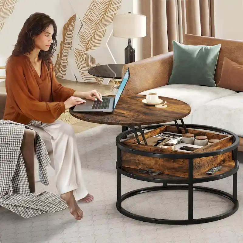 Table basse ronde relevable avec rangement dissimulé