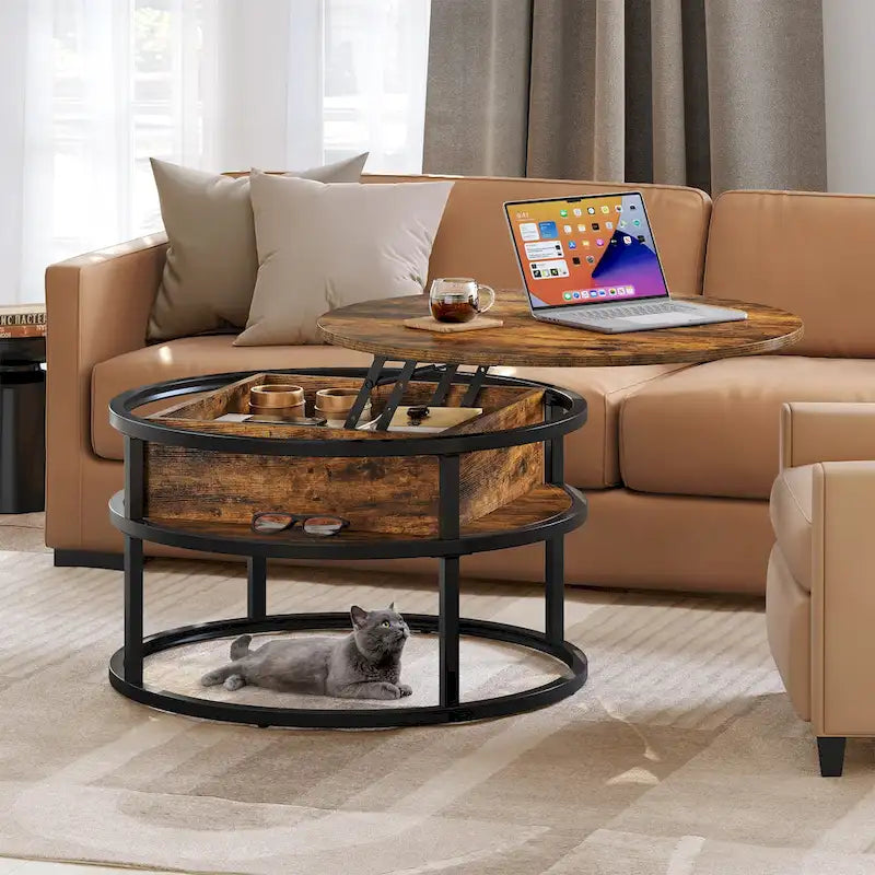 Table basse ronde relevable avec rangement dissimulé