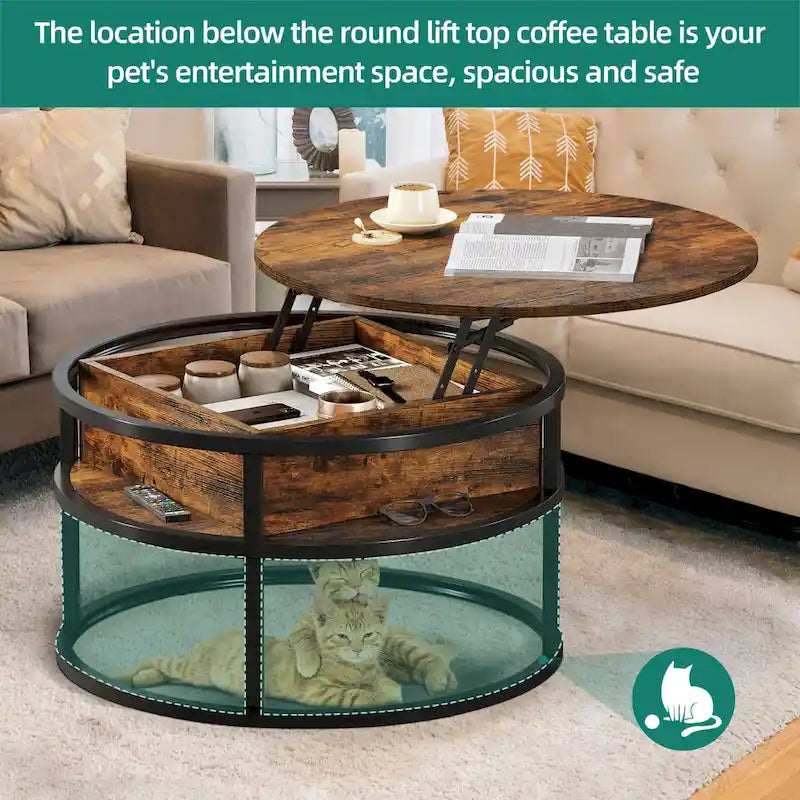 Table basse ronde relevable avec rangement dissimulé