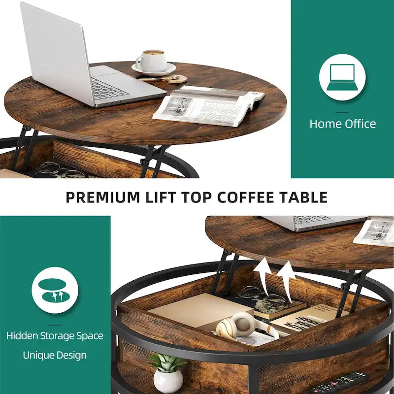 Table basse ronde relevable avec rangement dissimulé