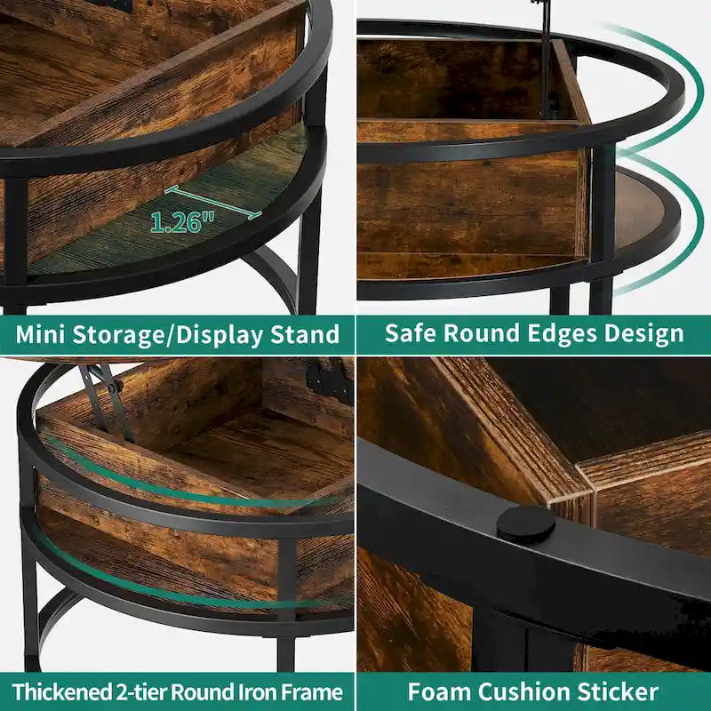 Table basse ronde relevable avec rangement dissimulé