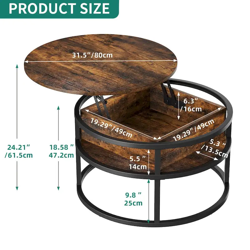 Table basse ronde relevable avec rangement dissimulé