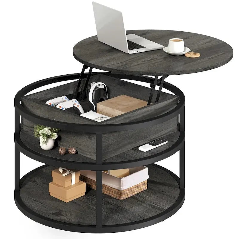 Table basse ronde relevable avec rangement dissimulé