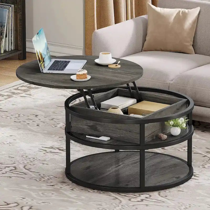 Table basse ronde relevable avec rangement dissimulé