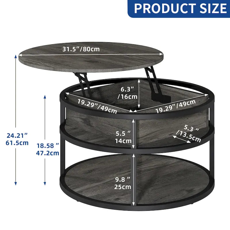 Table basse ronde relevable avec rangement dissimulé