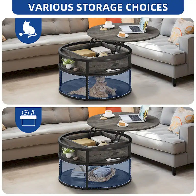 Table basse ronde relevable avec rangement dissimulé