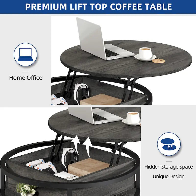 Table basse ronde relevable avec rangement dissimulé