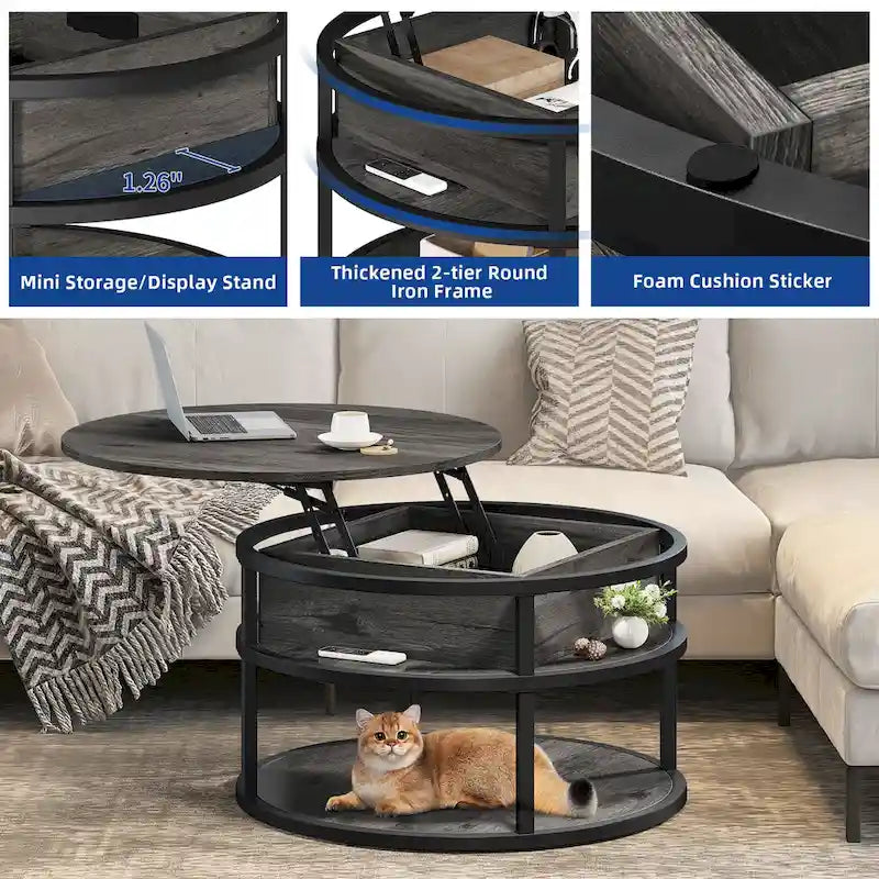 Table basse ronde relevable avec rangement dissimulé