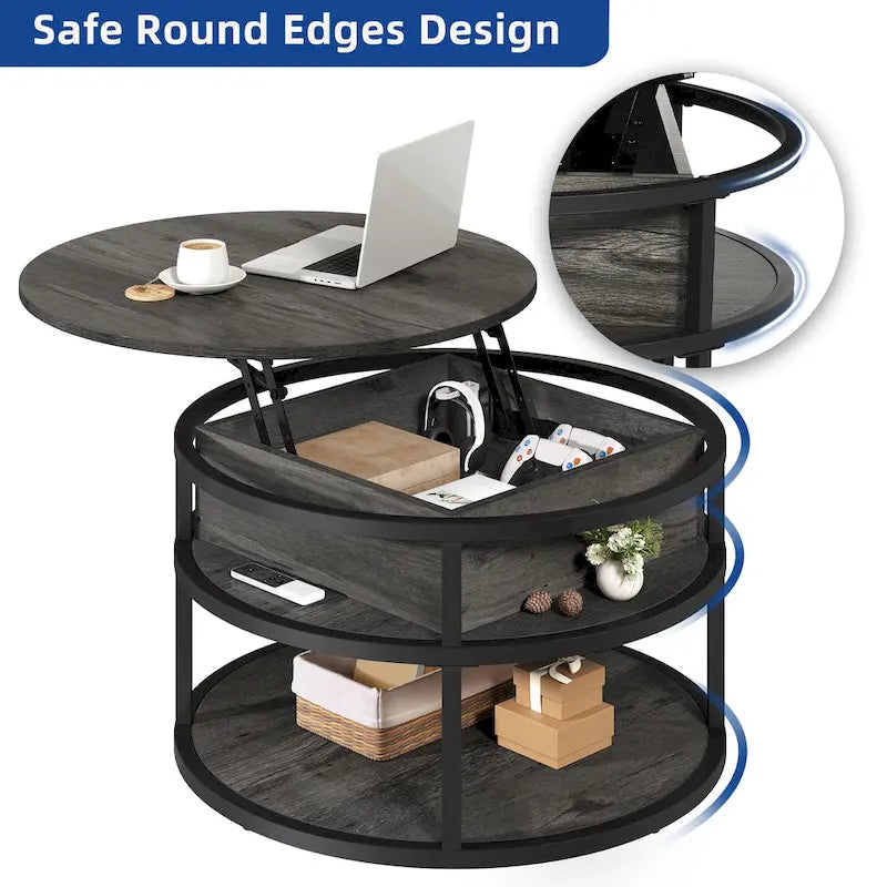 Table basse ronde relevable avec rangement dissimulé