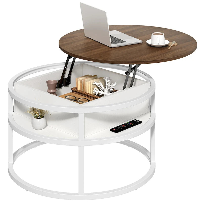 Table basse ronde relevable avec rangement dissimulé