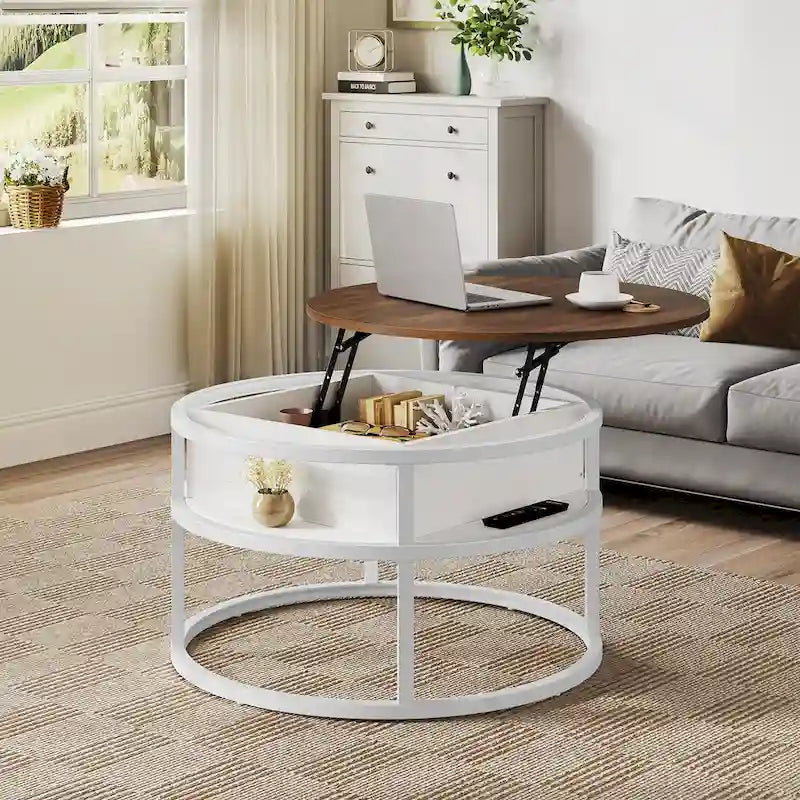 Table basse ronde relevable avec rangement dissimulé