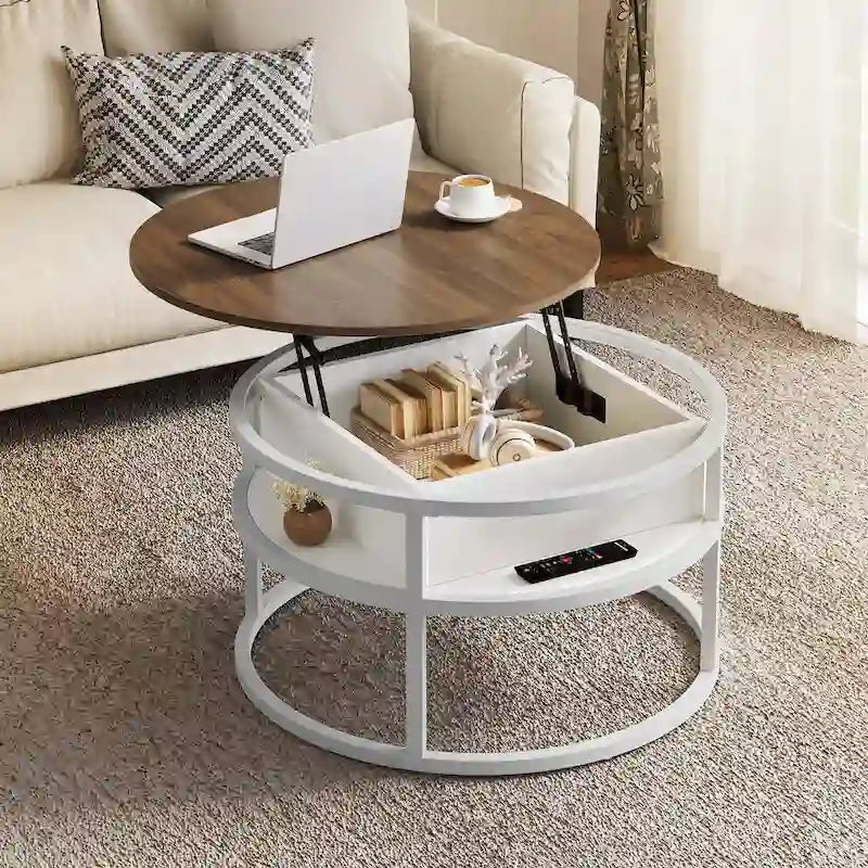 Table basse ronde relevable avec rangement dissimulé