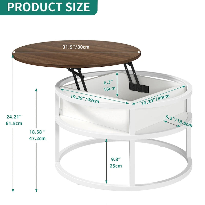 Table basse ronde relevable avec rangement dissimulé
