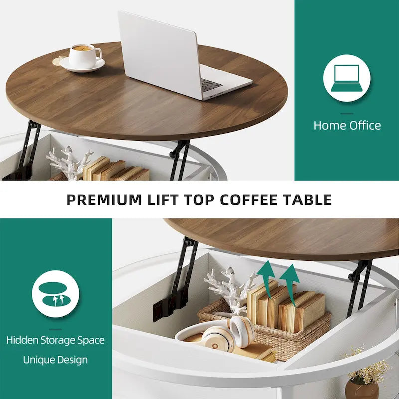 Table basse ronde relevable avec rangement dissimulé