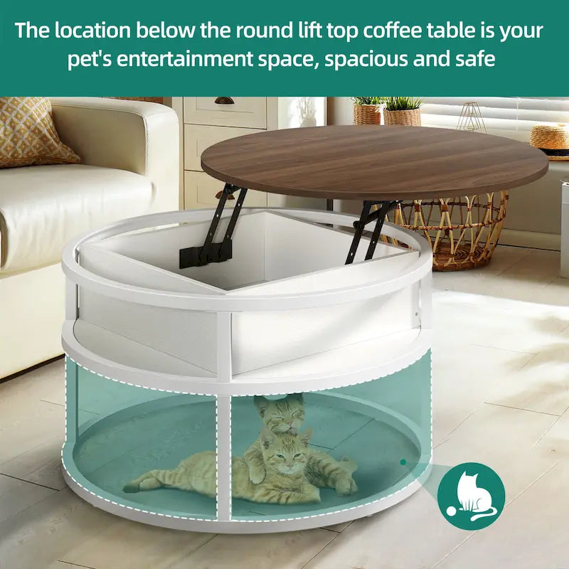 Table basse ronde relevable avec rangement dissimulé