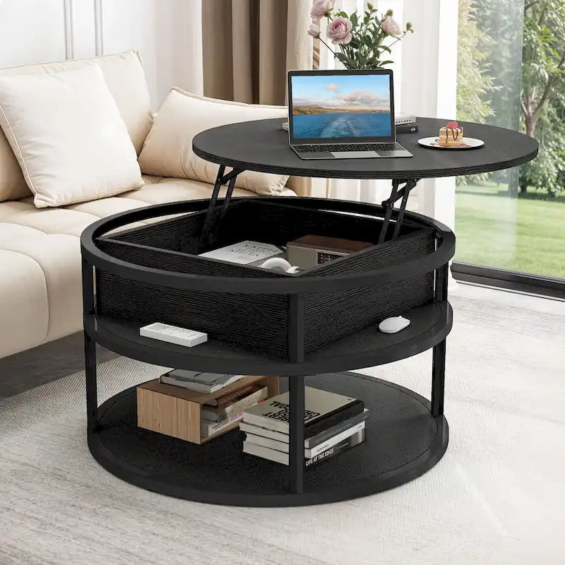 Table basse ronde relevable avec rangement dissimulé