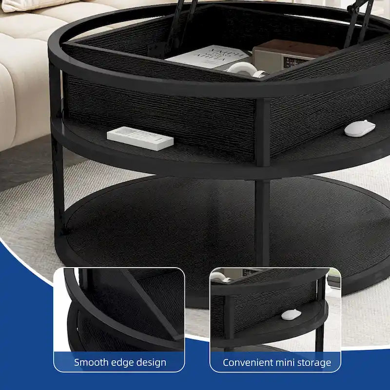 Table basse ronde relevable avec rangement dissimulé