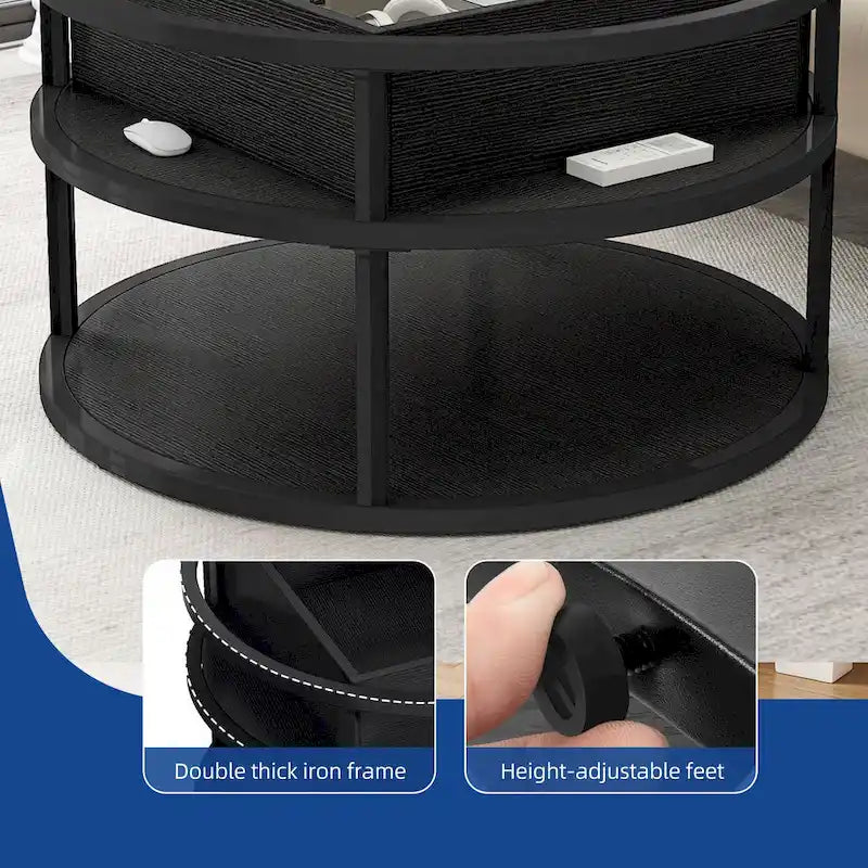 Table basse ronde relevable avec rangement dissimulé