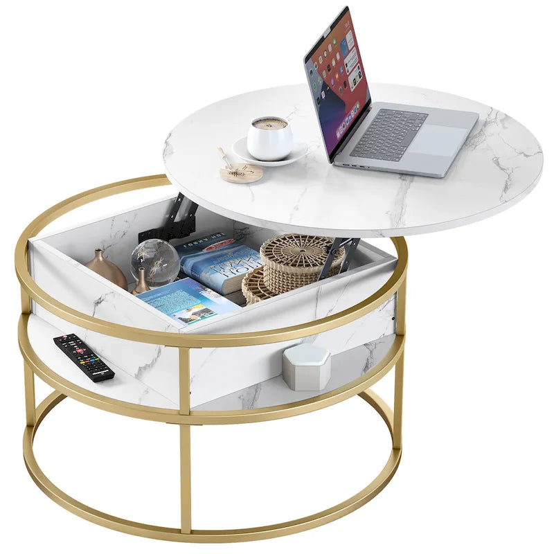 Table basse ronde relevable avec rangement dissimulé