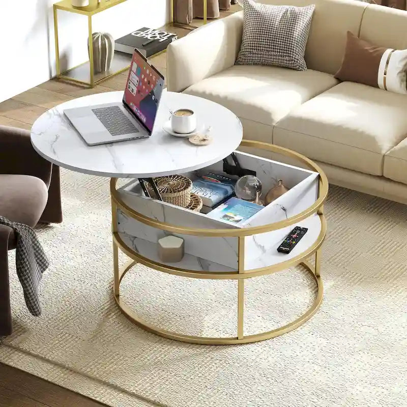 Table basse ronde relevable avec rangement dissimulé