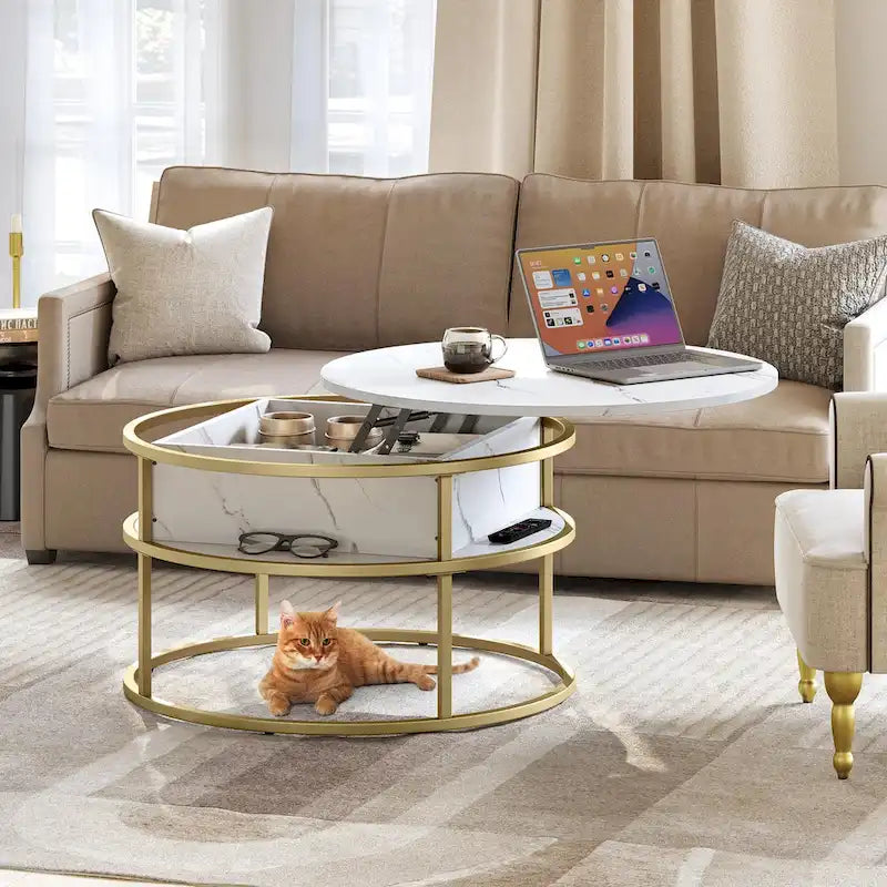 Table basse ronde relevable avec rangement dissimulé