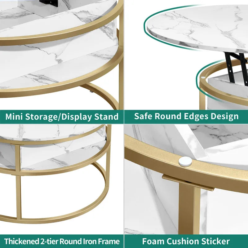 Table basse ronde relevable avec rangement dissimulé