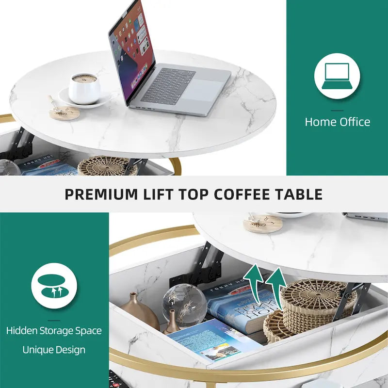 Table basse ronde relevable avec rangement dissimulé
