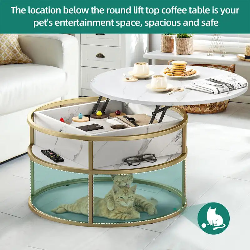 Table basse ronde relevable avec rangement dissimulé
