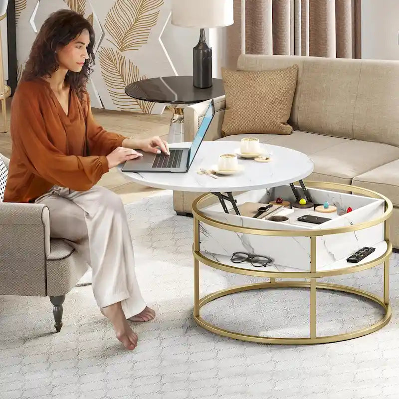 Table basse ronde relevable avec rangement dissimulé