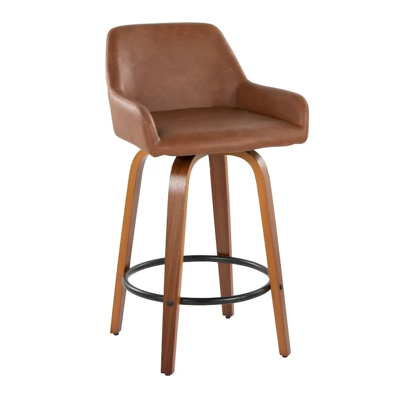 Taburete de mostrador de altura fija de 26 con patas de madera curvada y reposapiés redondo (juego de 2)