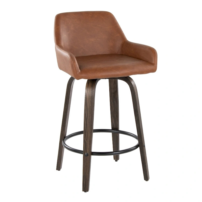 Taburete de mostrador de altura fija de 26 con patas de madera curvada y reposapiés redondo (juego de 2)