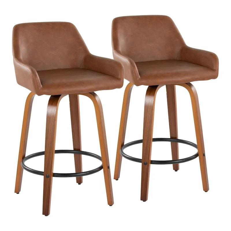 Taburete de mostrador de altura fija de 26 con patas de madera curvada y reposapiés redondo (juego de 2)