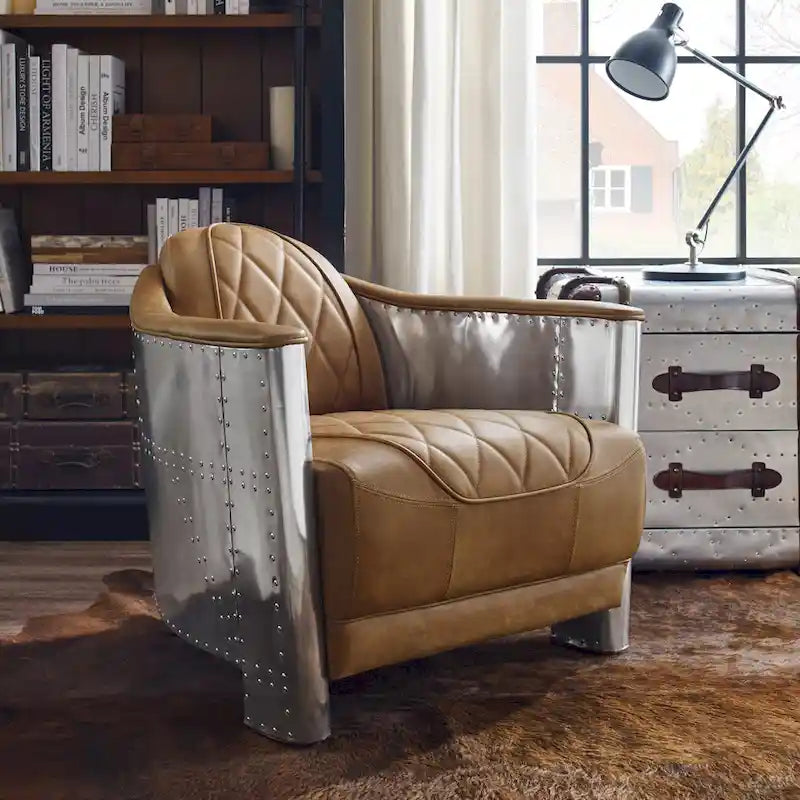 Fauteuil d’appoint industriel rétro en cuir pleine fleur et aluminium