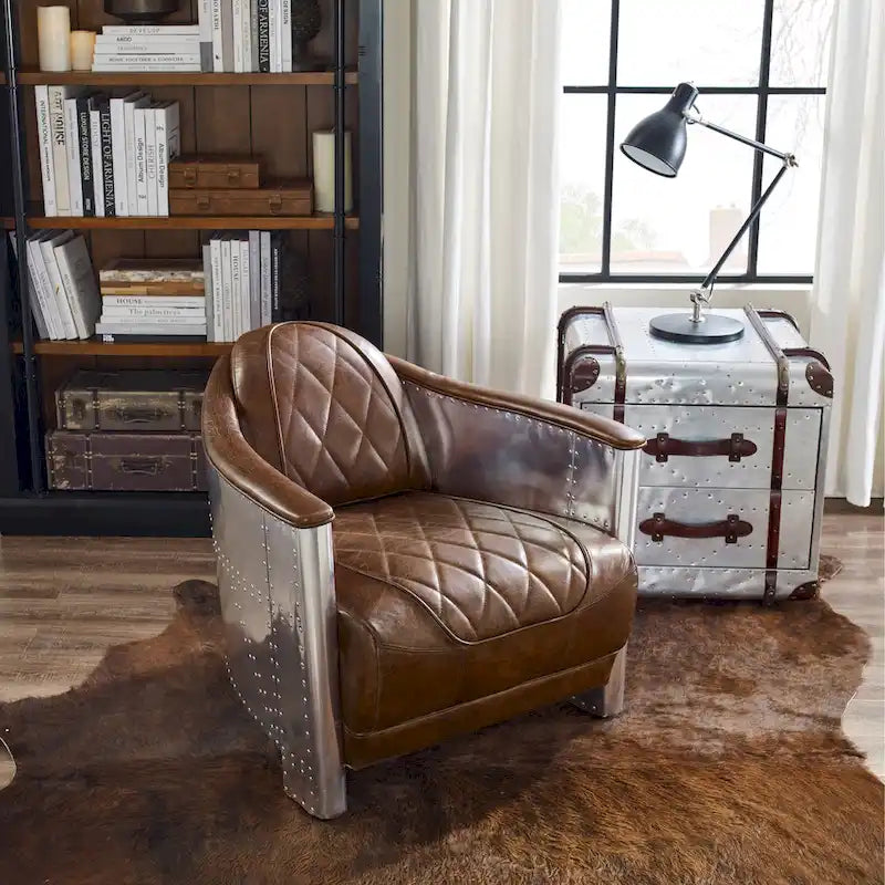 Fauteuil d’appoint industriel rétro en cuir pleine fleur et aluminium