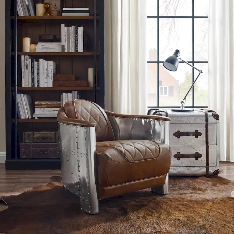 Fauteuil d’appoint industriel rétro en cuir pleine fleur et aluminium