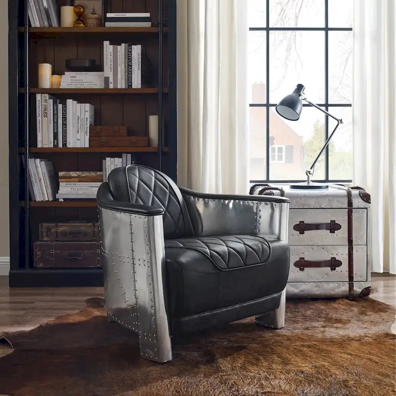 Fauteuil d’appoint industriel rétro en cuir pleine fleur et aluminium