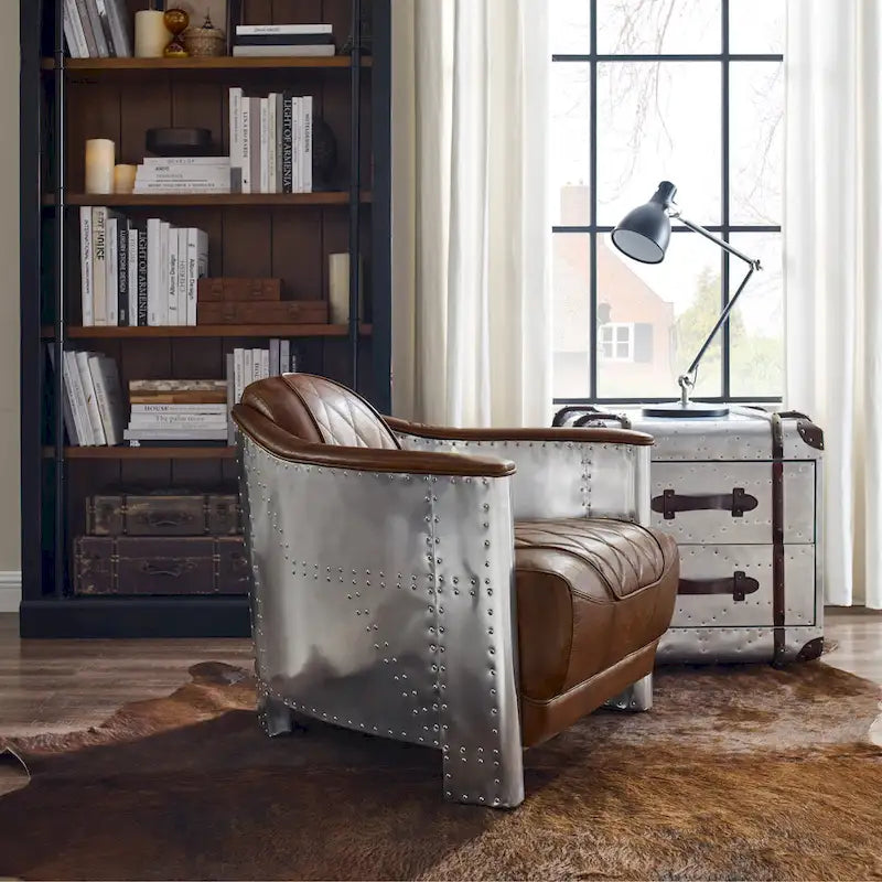 Fauteuil d’appoint industriel rétro en cuir pleine fleur et aluminium