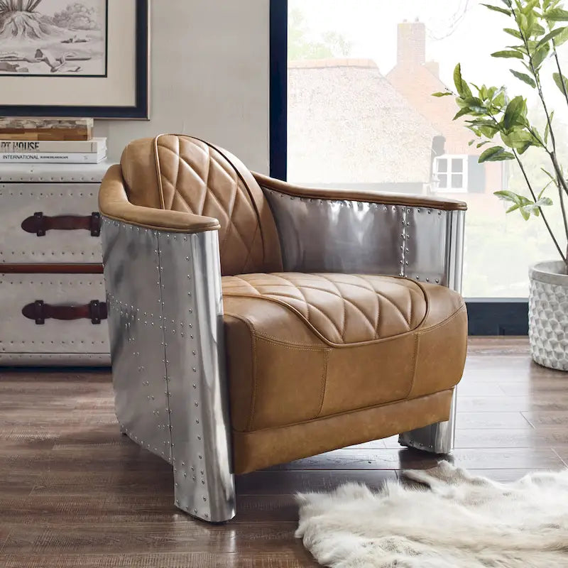 Fauteuil d’appoint industriel rétro en cuir pleine fleur et aluminium