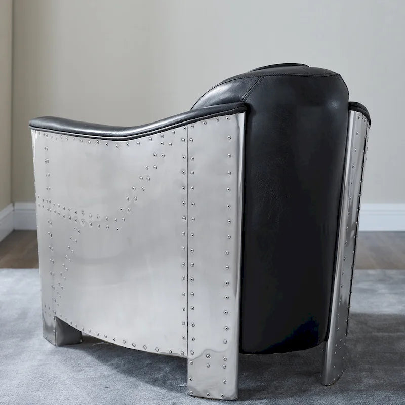 Fauteuil d’appoint industriel rétro en cuir pleine fleur et aluminium