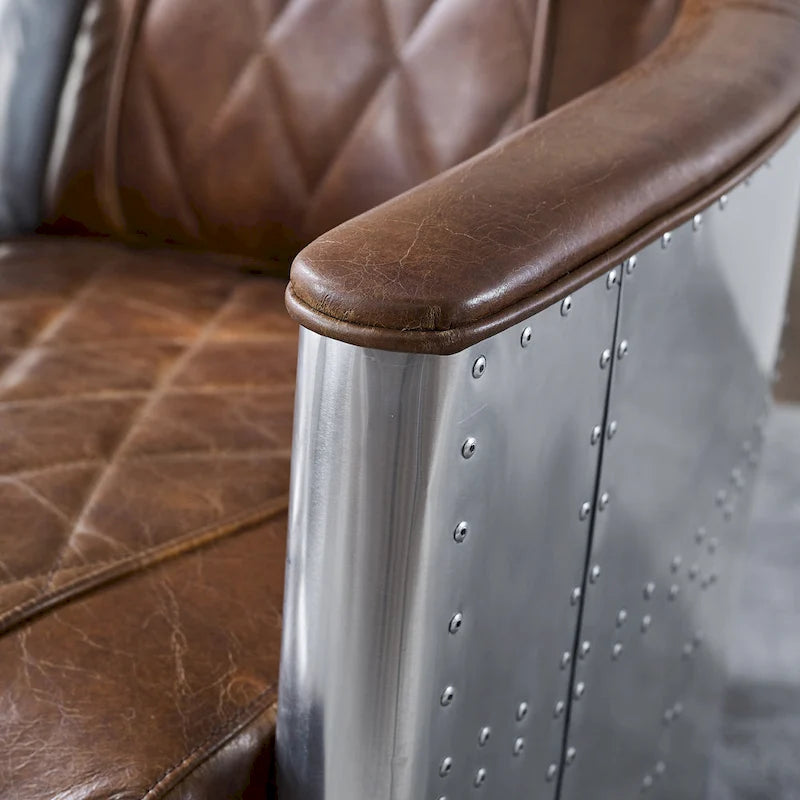 Fauteuil d’appoint industriel rétro en cuir pleine fleur et aluminium
